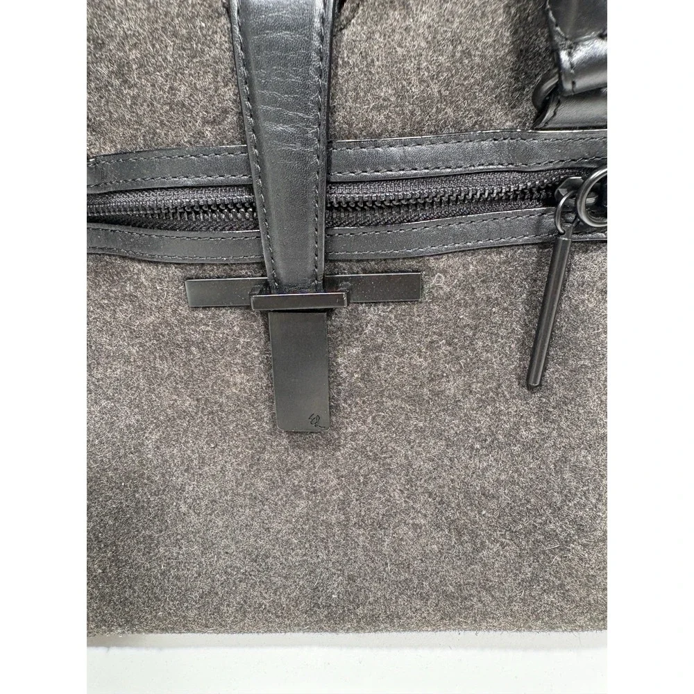 Elliott Lucca Black Gray Wool Satchel Purse Handles Shoulder Strap‎ Leather Trim